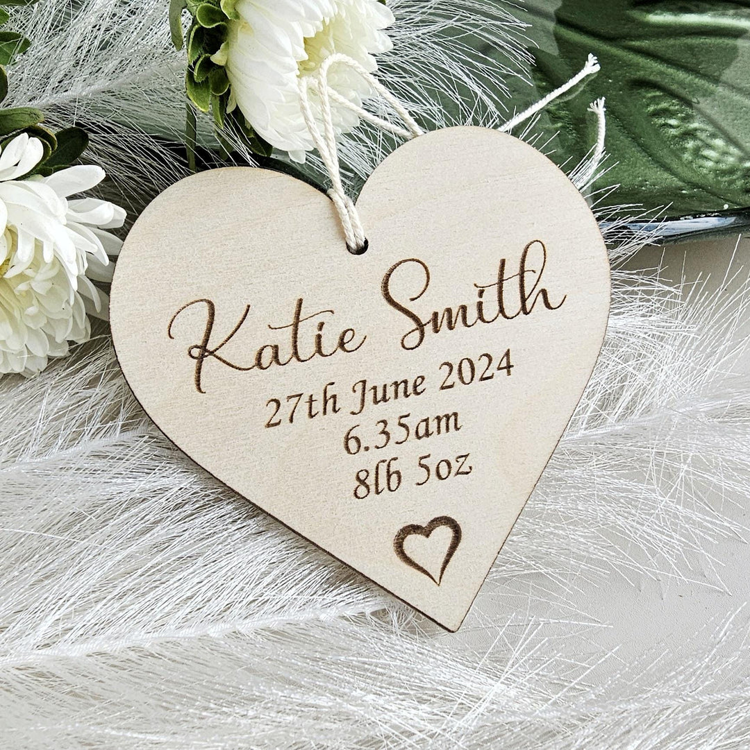 Newborn Announcement Plaque – Personalised Baby Keepsake | Wooden Heart Decoration