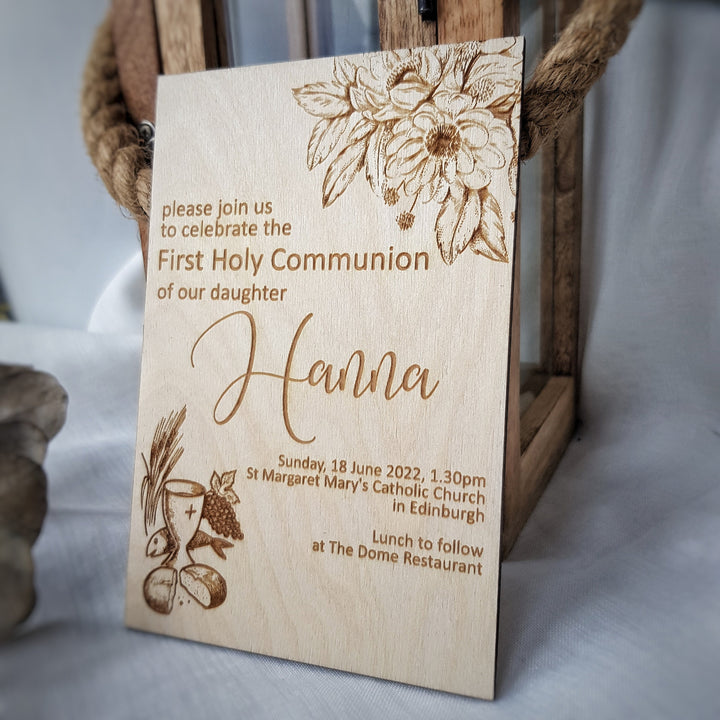 Wooden First Holy Communion Invitation – Personalised Engraved Floral Communion Card