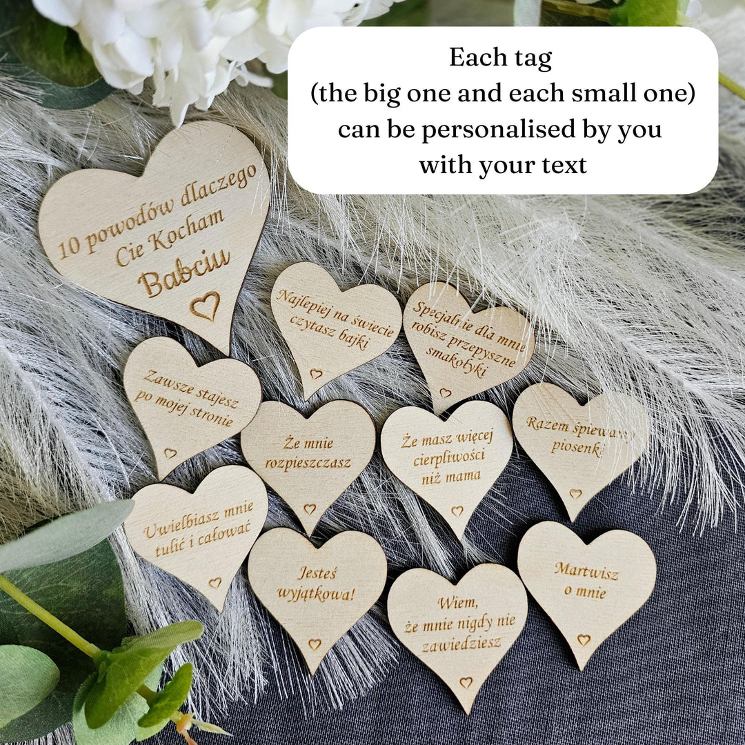 10 reasons why I love you Grandma Polish Dzien Babci i Dziadka, Eco wooden gift tokens, engraved hearts gift for Grandmother and Grandfather