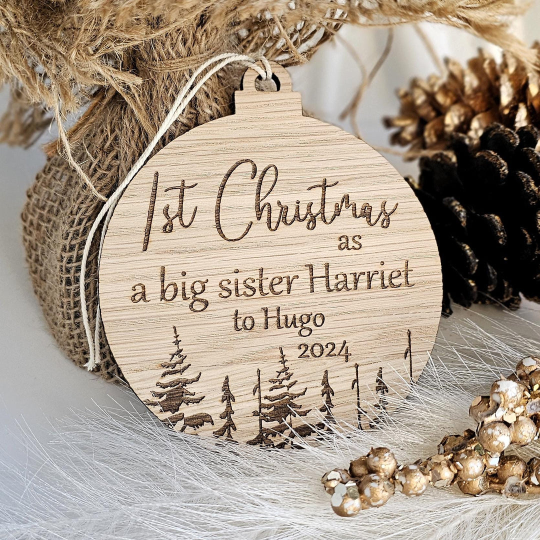 Personalised Wooden Christmas Decoration - First Christmas as SisterBrother Bauble
