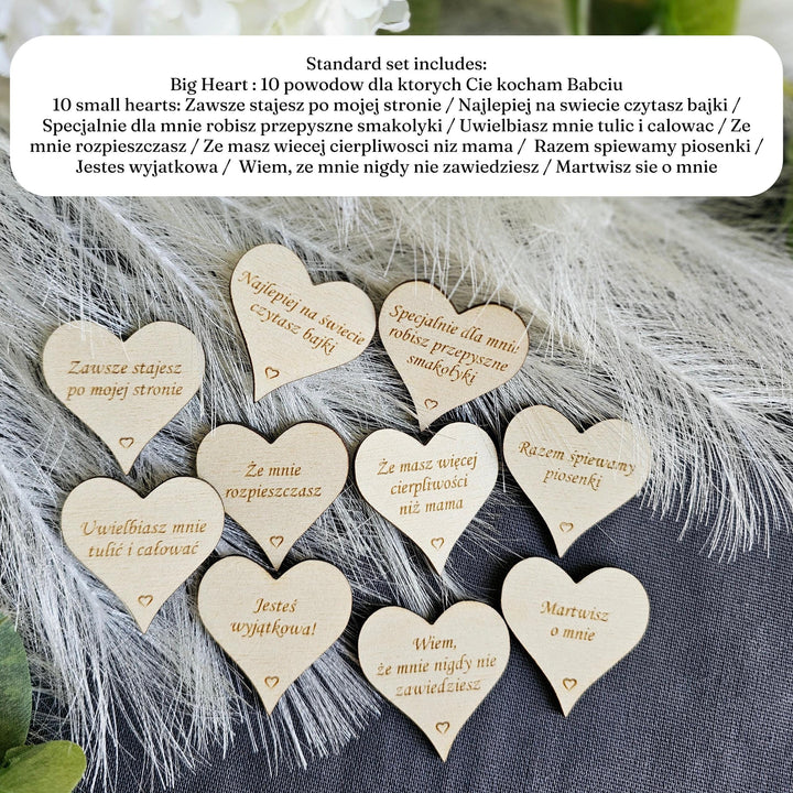 10 reasons why I love you Grandma Polish Dzien Babci i Dziadka, Eco wooden gift tokens, engraved hearts gift for Grandmother and Grandfather