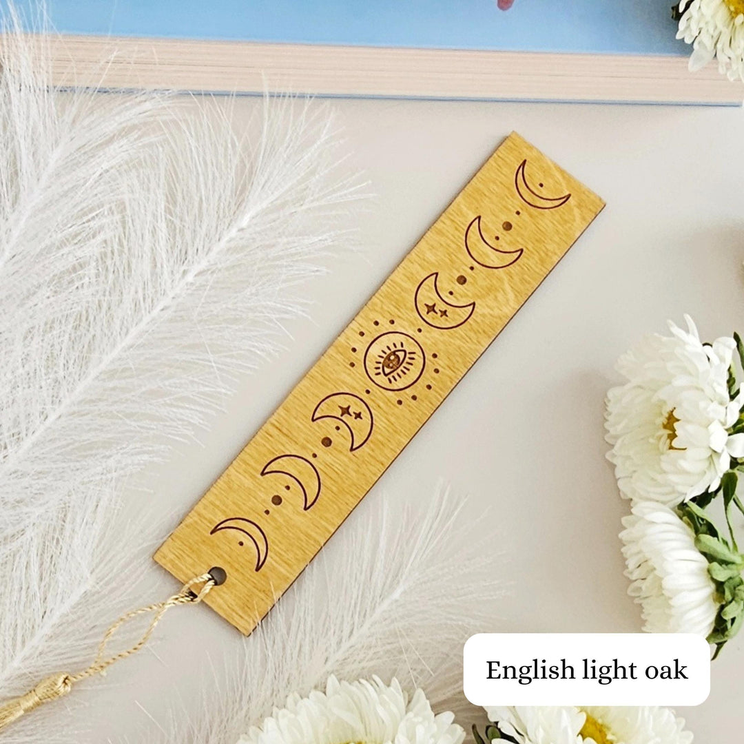 Celestial Moon Phase Bookmark - Personalised Engraved Wooden Spiritual Gift for Book Lovers