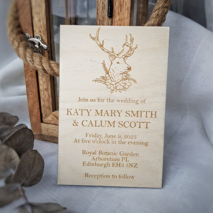 Personalised Rustic Wooden Wedding Invitation - Deer Design - Birthday Anniversary Baptism Christening Confirmation Party Dinner Invite