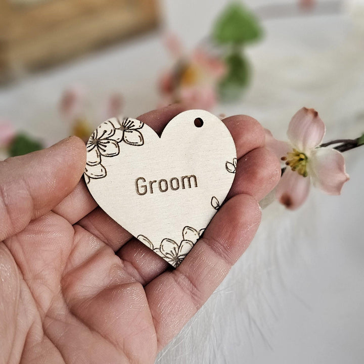 Wedding Place Name Favours, Personalised Engraved Rustic Heart Tags, Botanical Wooden Wedding Keepsakes