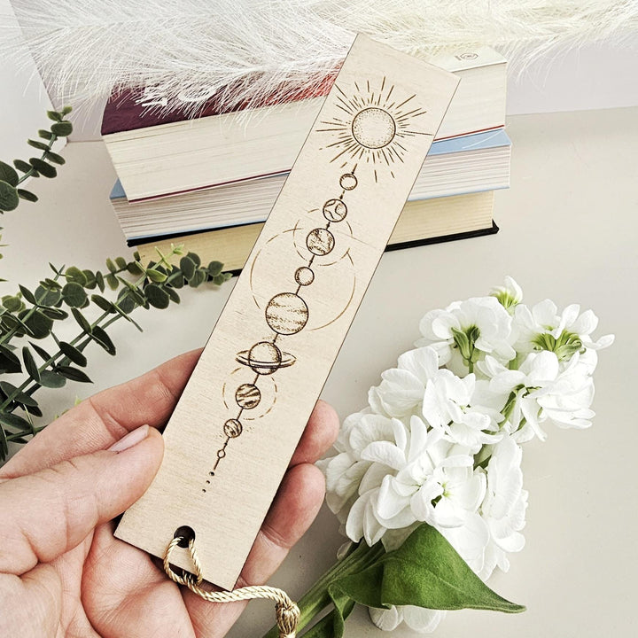 Wooden Solar System Bookmark - Moon  Planets with Mystical Line Art and Customizable Back Message