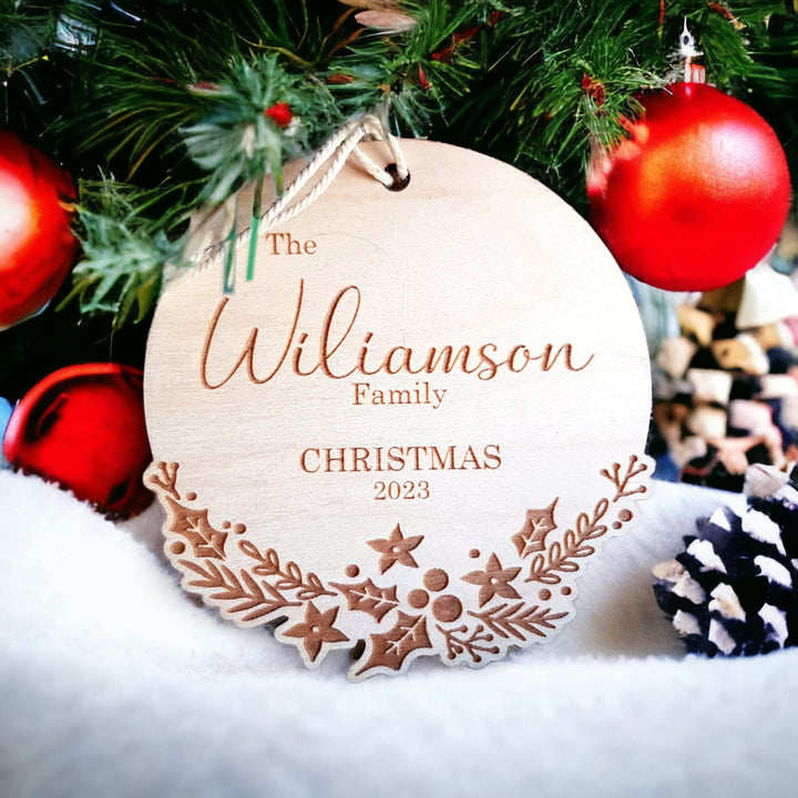 Personalized Wooden Christmas Bauble - Family Decoration for Newlyweds Engaged Couples New Homeowners