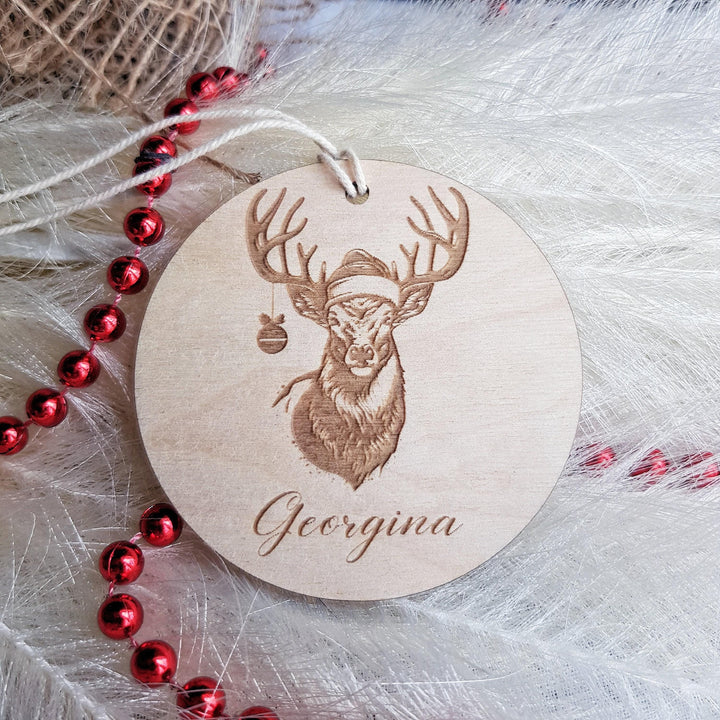 Personalised Christmas Deer Wooden Ornament - Custom Festive Tree Decoration