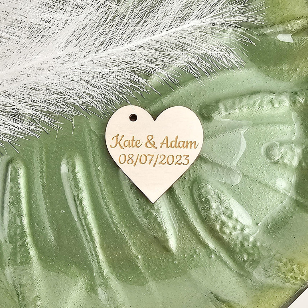 Wedding Heart Favours - Personalised Wooden Thank You Tokens,  Custom Engraved Rustic Gift Tags