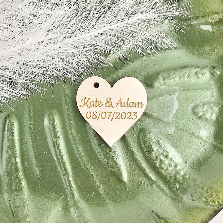 Wedding Heart Favours - Personalised Wooden Thank You Tokens,  Custom Engraved Rustic Gift Tags