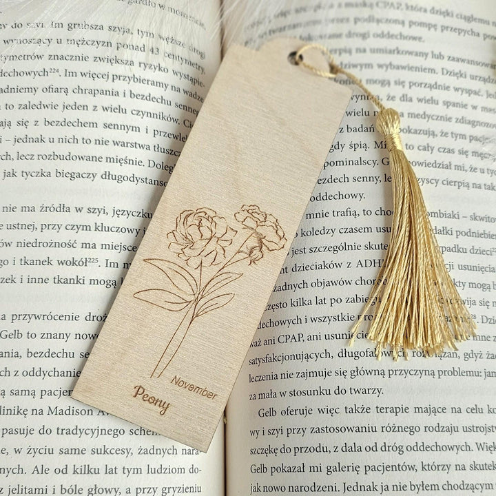 Birth Flower Bookmark November Peony - Personalised Wooden Gift for Book Lovers