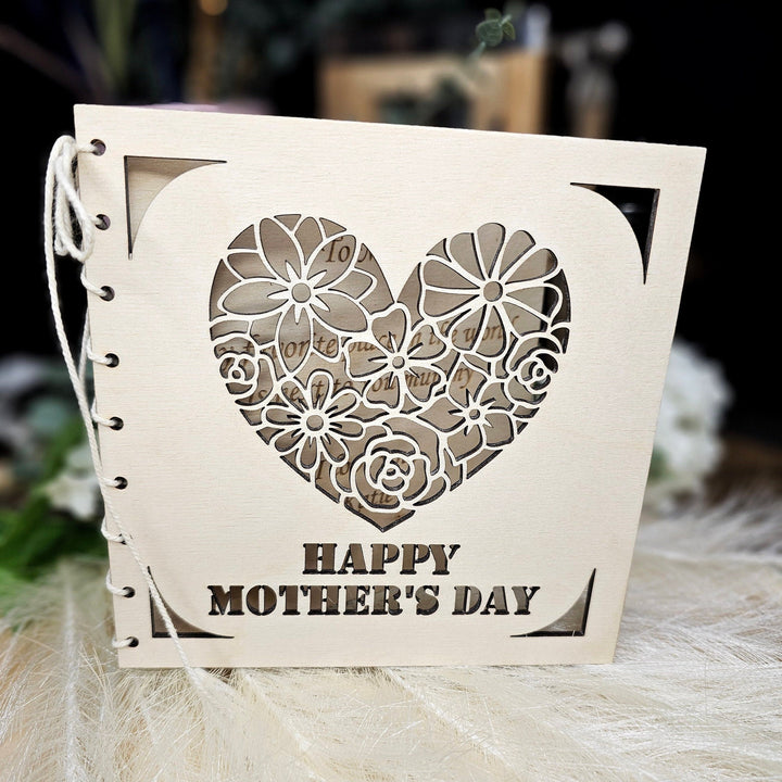 Personalised Mother's Day Wooden Card with Romantic Floral Heart- Perfect Gift for Mom, Mum, Stepmother, Grandmother, Nanny, Grandma, Granny