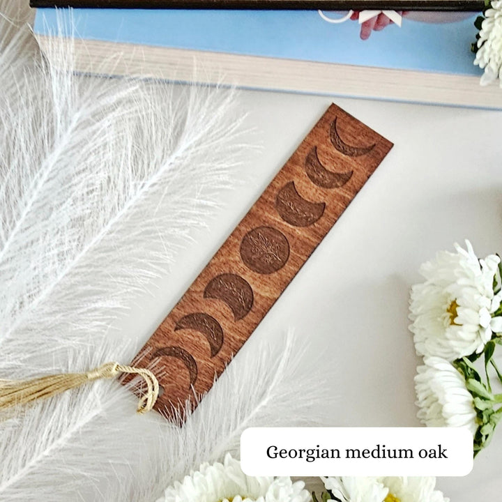 Bookmark Celestial Floral Moon Phase - Personalised Engraved Book Love's Gift - A Mistical Wooden Present for Readers