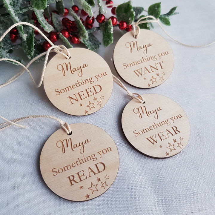 Personalized Rustic Christmas Gift Tags - Want Wear Need Read Labels