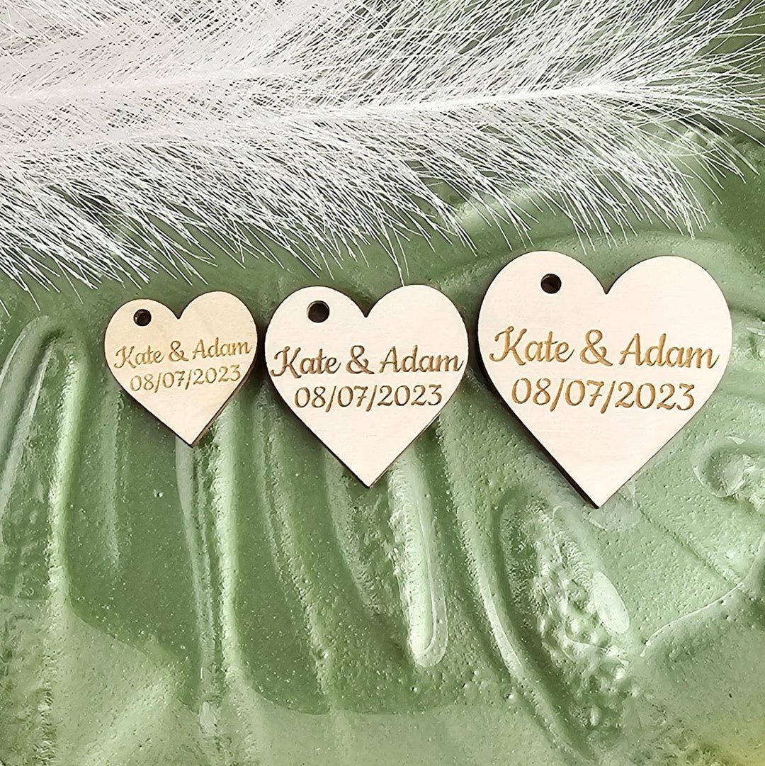 Wedding Heart Favours - Personalised Wooden Thank You Tokens,  Custom Engraved Rustic Gift Tags