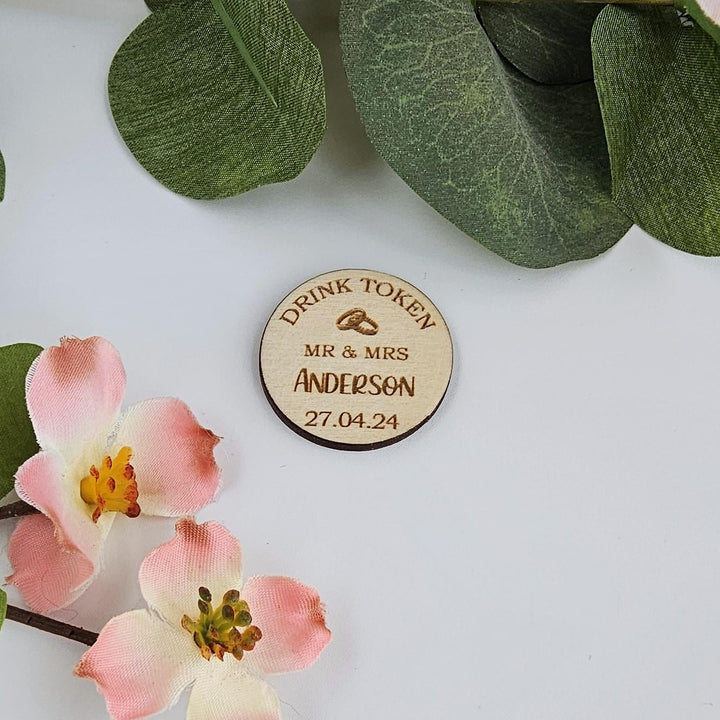 Wooden Drink Tokens – Personalised Engraved Bar Vouchers for Weddings & Parties