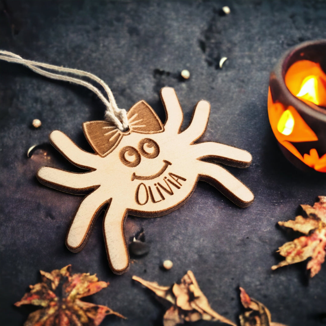 Personalised Halloween Spider Name Tag – Wooden Trick or Treat Bag Tag