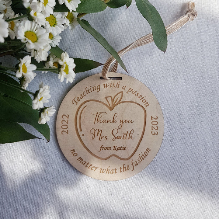 Thank your teacher wooden pendant, personalised hanging keepsake, teacher appreciation gift, end of school medal