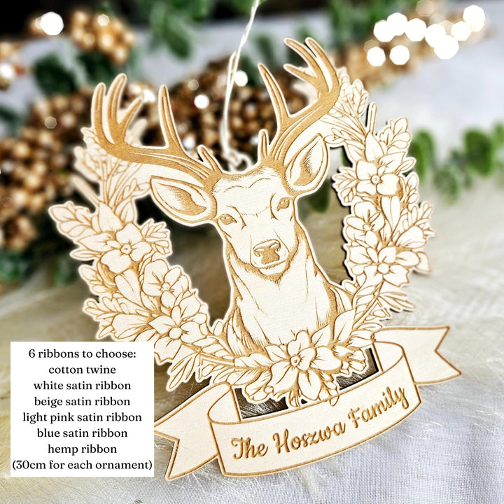 Personalised Wooden Family Ornament - Deer Head Floral Wall Decor for Nature Lovers