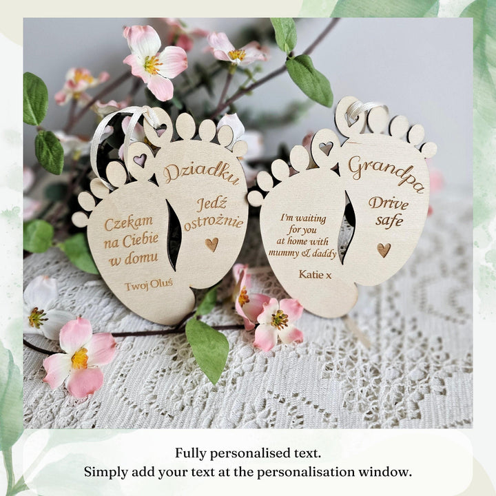 Personalised Drive Safe Wooden Pendant, Car Mirror Baby Feet Lucky Charm, Gift for Dzien Babci Dziadka, Grandfather Grandmother Mum Dad