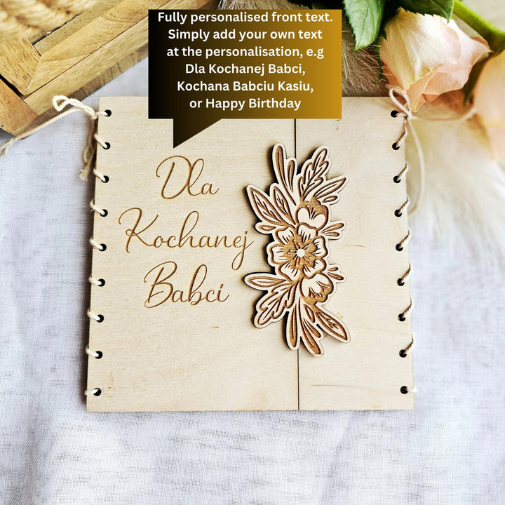 Personalised Rustic Wooden Folding Card Keepsake for Polish Grandmother's Day - Kartka Prezent na Dzien Babci i Dziadka