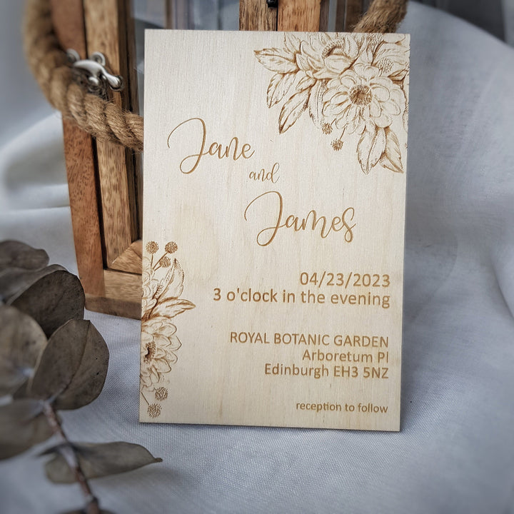 Personalised Rustic Wooden Wedding Invitation - Flowers design - Birthday Anniversary Baptism Christening Confirmation Party Dinner Invite