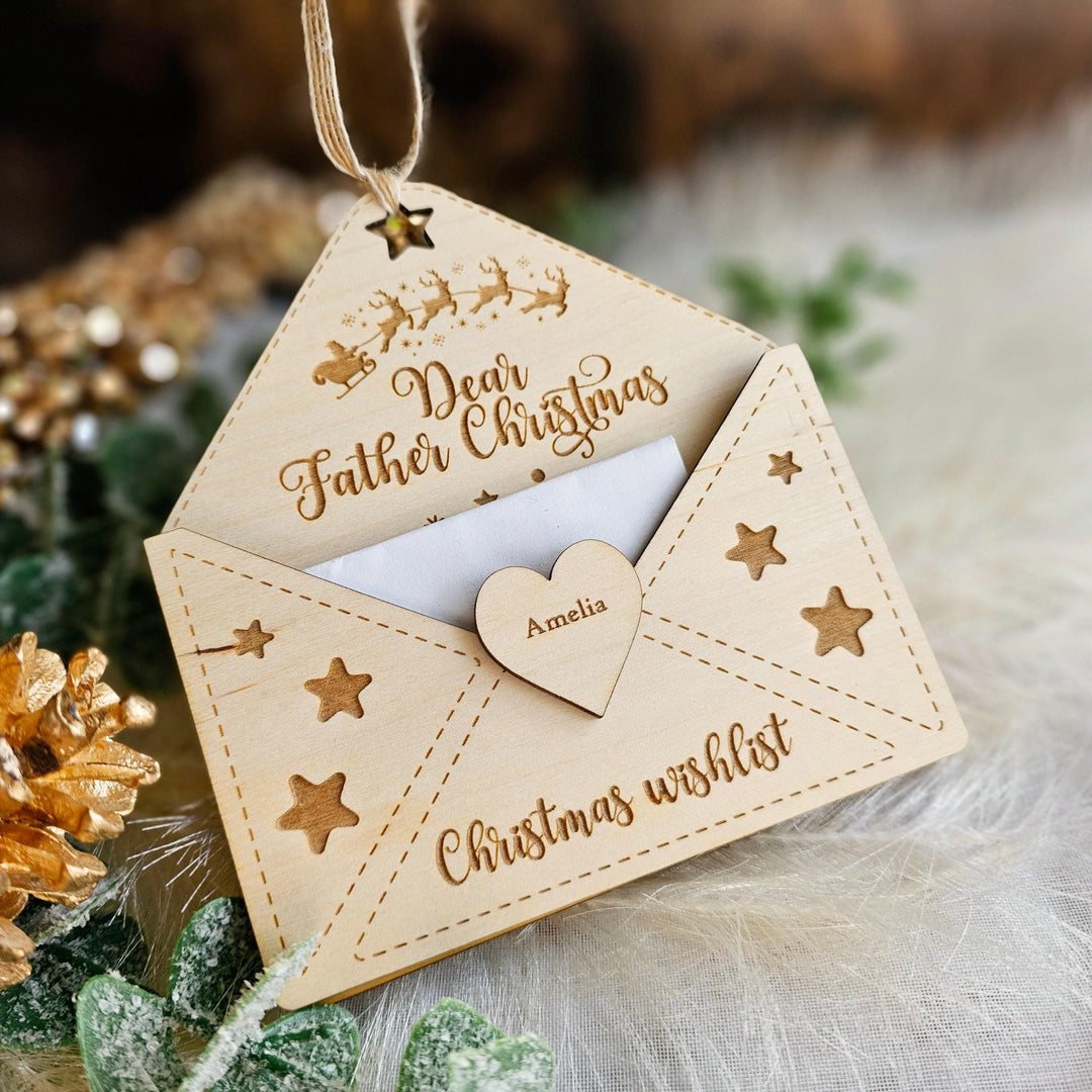 Personalised Wooden Santa Letter Holder - Rustic Christmas Wishlist Envelope