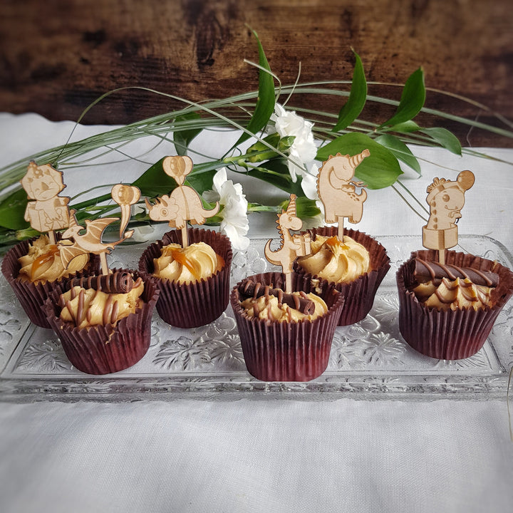 Dinosaurs Cupcake Toppers - Wooden Cake Decorations - Set of 6 or 12