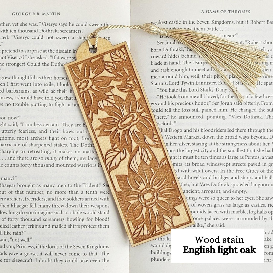 Wooden Sunflower Bookmark - Personalised Laser Engraved Gift with Golden Tassel