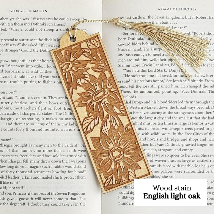 Wooden Sunflower Bookmark - Personalised Laser Engraved Gift with Golden Tassel