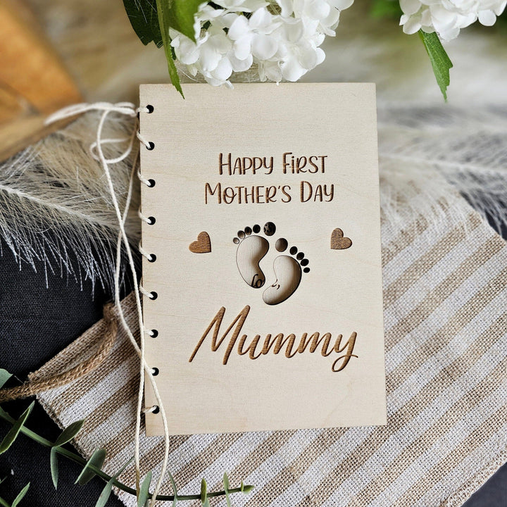 Personalised Wooden Card Happy First Mother's Day Mummy with Baby Feet cutout, Eco Friendly Gift, Mum, Mom, Grandmother, Nan, Nanny, Granny