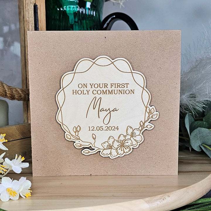 Personalised First Holy Communion Wooden Card – Engraved Catholic Keepsake Gift for Boy or Girl