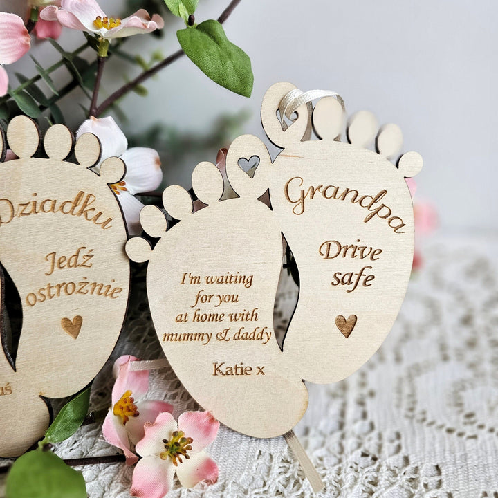 Personalised Drive Safe Daddy Wooden Pendant, Car Mirror Baby Feet Lucky Charm