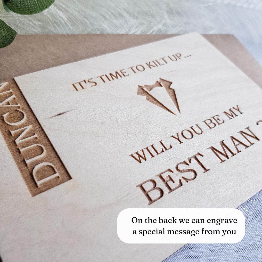 Best Man Wooden Card - It's time to kilt up, suit up - Personalised Wedding Proposal Keepsake - Will you be my Usher
