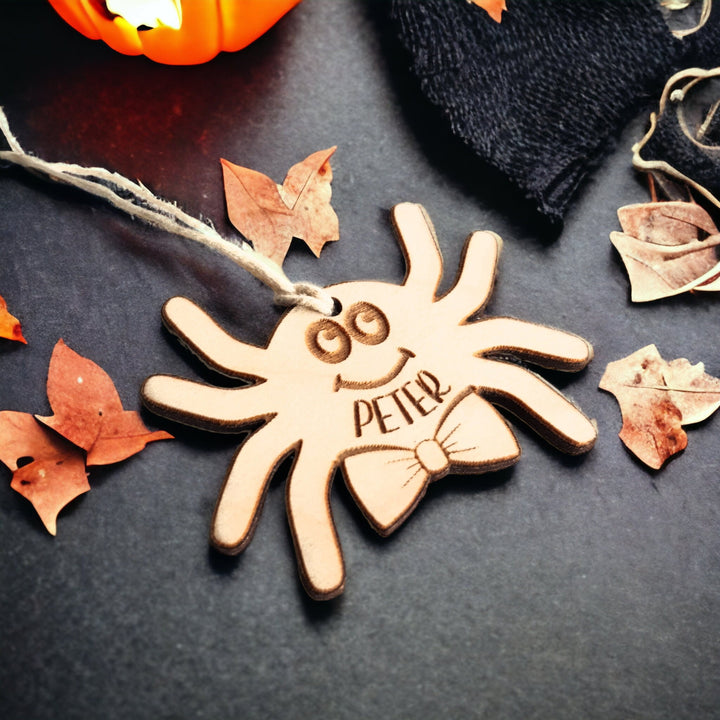 Personalised Halloween Spider Name Tag – Wooden Trick or Treat Bag Tag