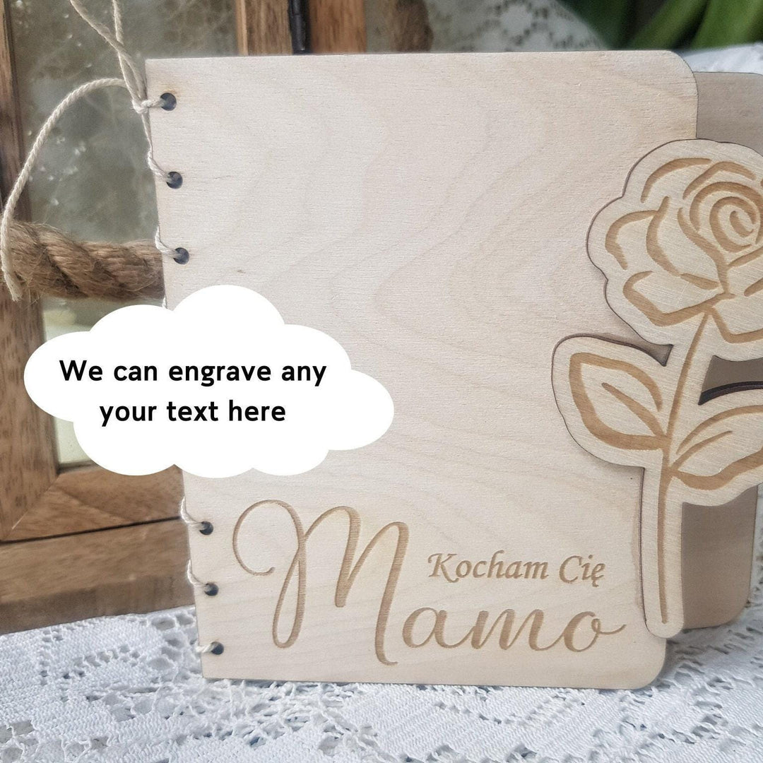 Personalised Wooden Card with Rose Flower - Mother's Day, Birthday, Anniversary, Wedding, Engagement, Housewarming, Dzien Matki, Dzien Babci