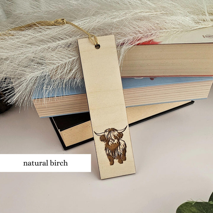 Personalised Wooden Bookmark - Custom Engraved Highland Cow Design Gift For Book Lovers