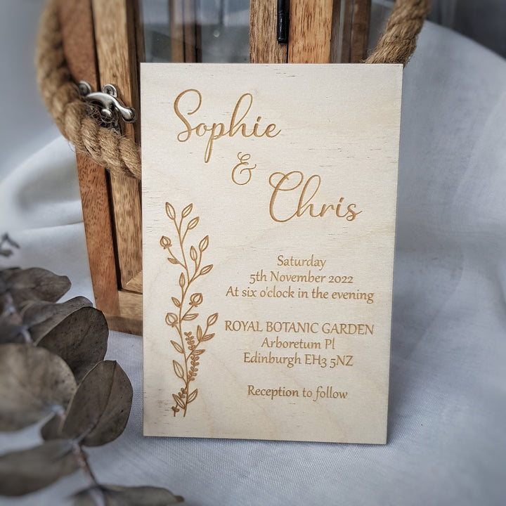 Personalised Rustic Wooden Wedding Invitation - Floral design - Birthday Anniversary Baptism Christening Confirmation Party Dinner Invite