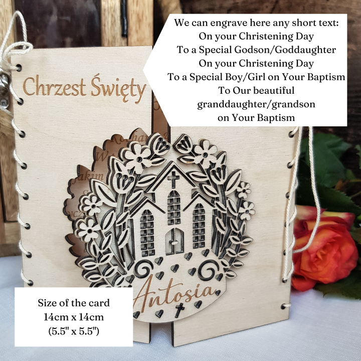 a wooden card with a floral design and the name 'Antosia' engraved on it. The card is described as a special gift for a christening celebration, with a size of 14 cm x 14 cm.