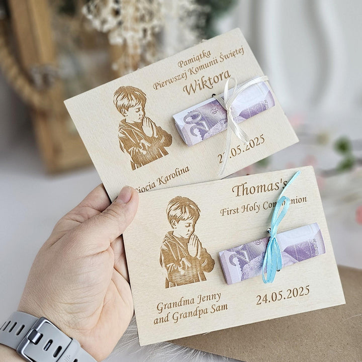 Personalised First Holy Communion Wooden Money Card - Praying Boy