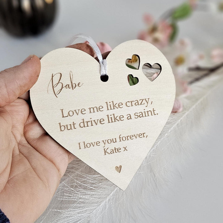 Personalised Wooden Car Mirror Pendant - Valentines Day Gift for Driving Partner