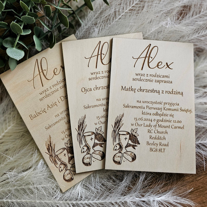 First Holy Communion Invitation - Rustic Personalised Wooden Chalice Invitation