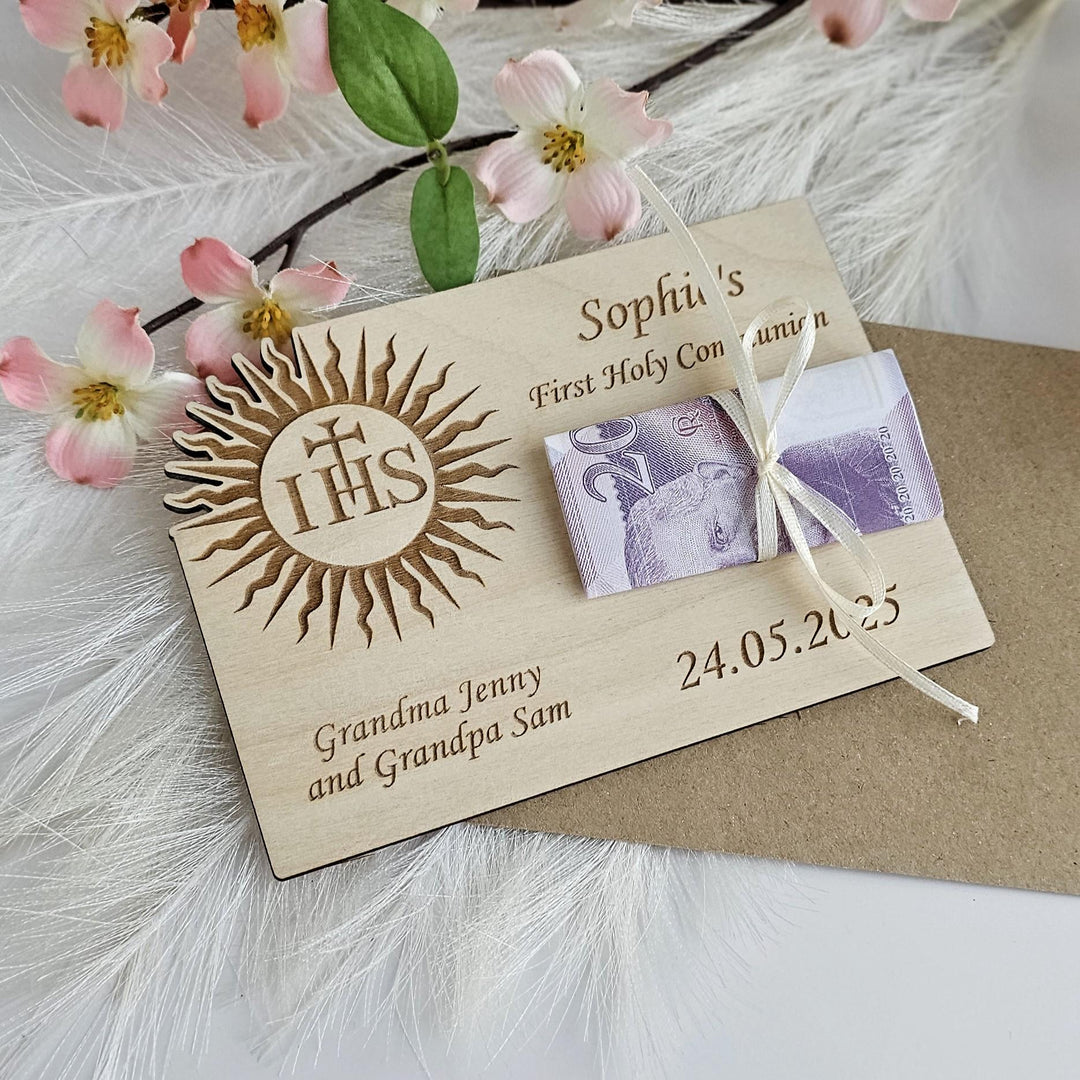 Personalised First Holy Communion Wooden Money Gift Keepsake IHS