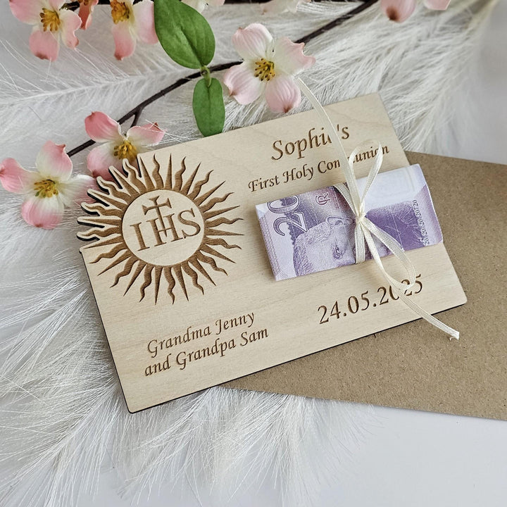 Personalised First Holy Communion Wooden Money Gift Keepsake IHS