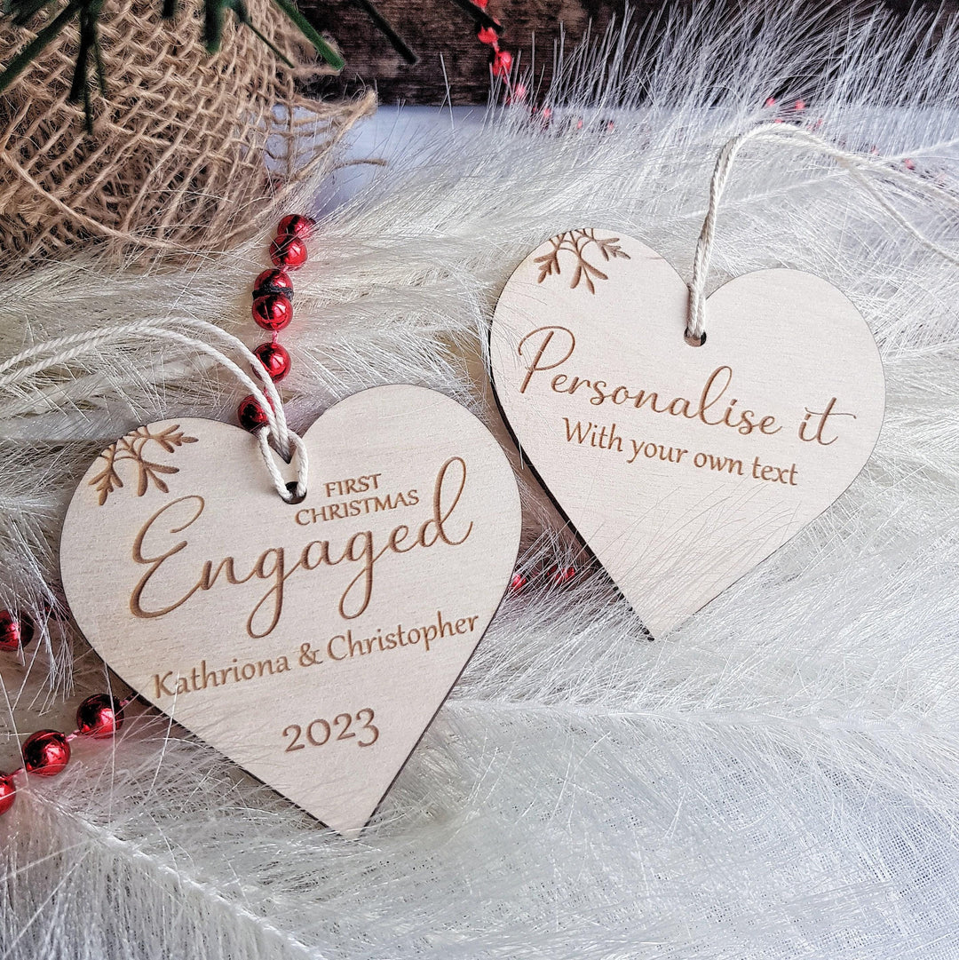 First Christmas Engaged Heart Bauble - Personalised Wooden Keepsake, Rustic Tree Ornament, Festive Decoration
