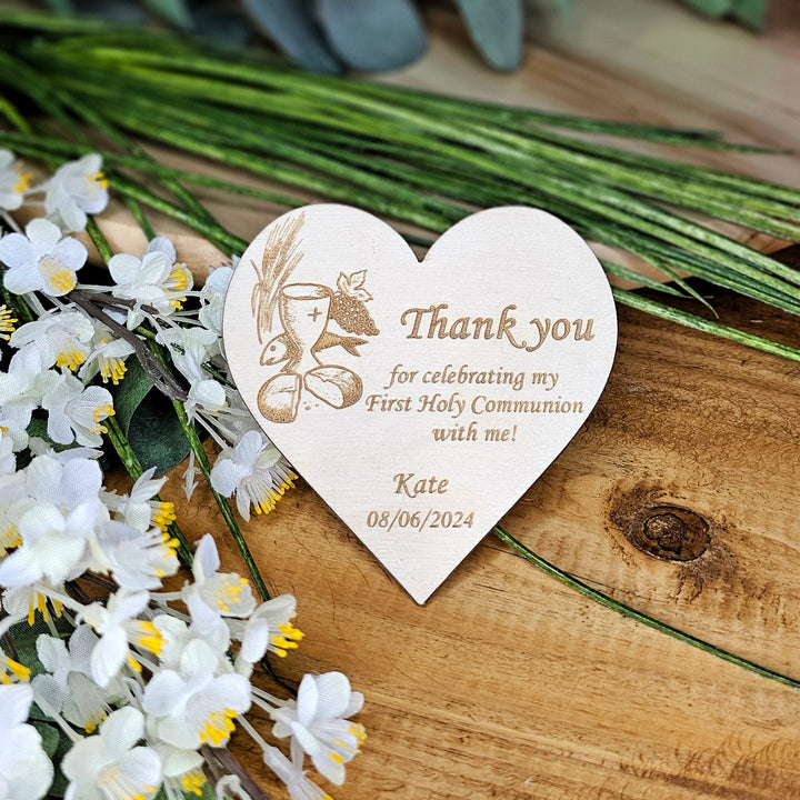 Thank you Card First Holy Communion, Baptism, Christening, Naming Ceremony, Confirmation Heart Favours, Wooden Gift Keepsake Magnets Chalice