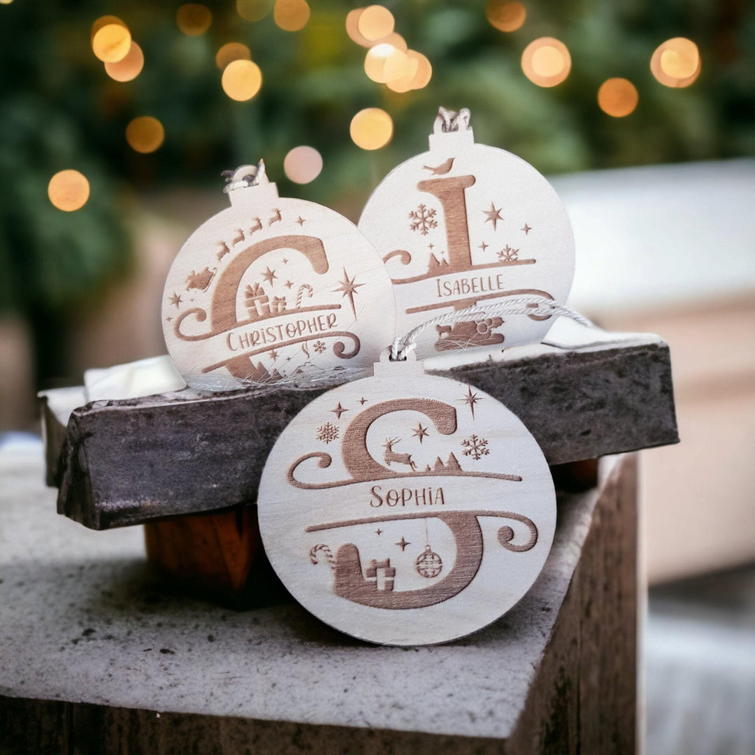 Personalised Wooden Split Letter Bauble - Engraved Christmas Ornament Tag