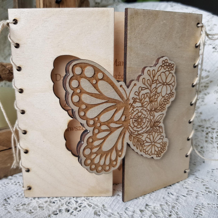 Personalised Card Rustic Boho Butterfly, Wooden Gift for Birthday Anniversary Wedding Teacher Friend Grandmother