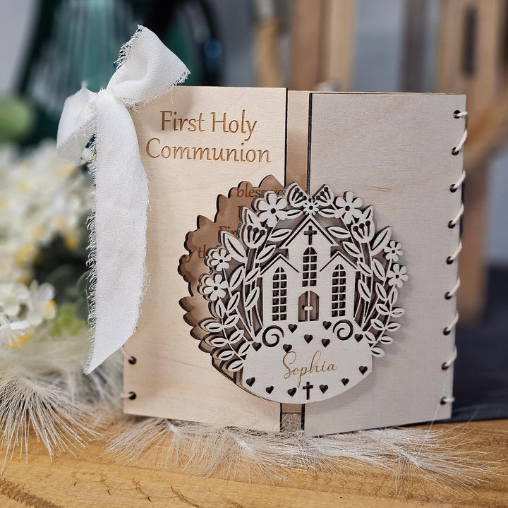 Personalised First Holy Communion Card Church Design, Rustic Wooden Keepsake, Custom message gift card