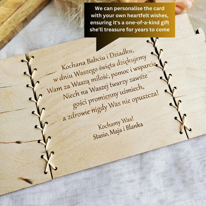 Personalised Rustic Wooden Folding Card Keepsake for Polish Grandmother's Day - Kartka Prezent na Dzien Babci i Dziadka