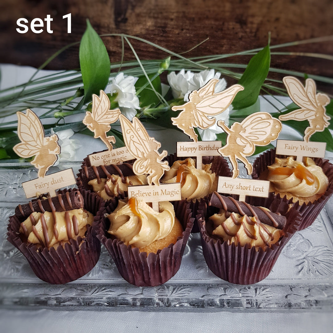 Fairies Cupcake Toppers - Personalised Wooden Cake Decorations - Set of 6 or 12